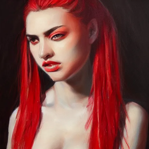 Image similar to a portrait of an intensely lit scutigera girl modeling, red, oil painting, pale colors, high detail, 8 k, wide angle, trending on artstation,