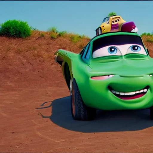 Prompt: car jesus christ on the cross as a car, as a car from the movie pixar's cars 2,