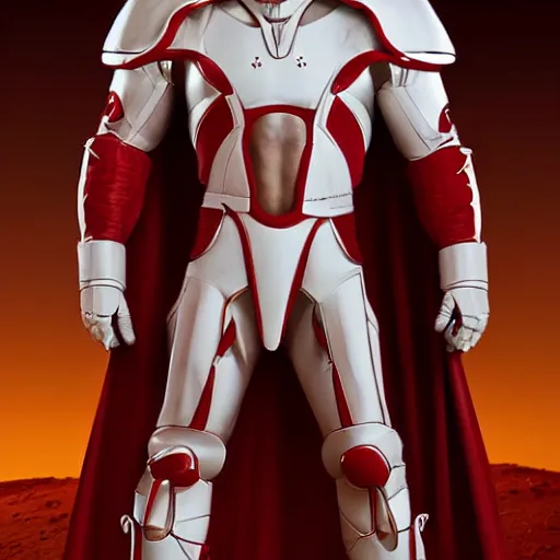 Image similar to portrait of a tall very muscular infantry man in glossy sleek white armor with tiny red details and a long red cape, heroic posture, on the surface of mars, night time, dramatic lighting, cinematic, sci-fi, hyperrealistic, movie still