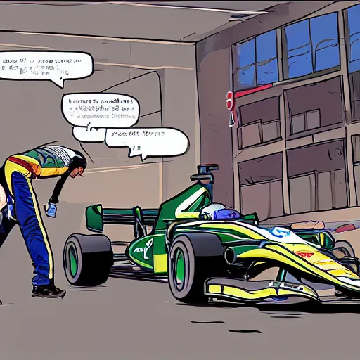 Prompt: formula one mechanic works on car, comic, wide shot, gta style by patrick brown