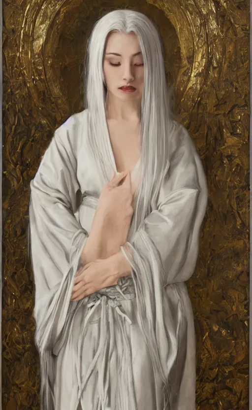 Image similar to angel with silver hair so pale and wan! and thin!?, flowing robes, covered in robes, lone pale asian goddess, wearing robes of silver, flowing, pale skin, young cute face, covered!!, clothed!! lucien levy - dhurmer, jean deville, oil on canvas, 4 k resolution, aesthetic!, mystery