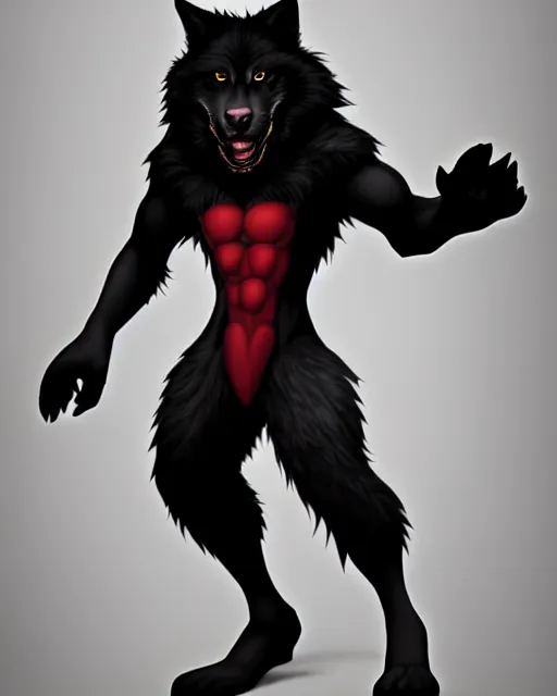 Prompt: character concept art of a black anthropomorphic furry male wolf with red hair | | handsome - fine - face, pretty face, key visual, realistic shaded perfect face, fine details by stanley artgerm lau, wlop, rossdraws, james jean, andrei riabovitchev, marc simonetti, and sakimichan, trending on artstation