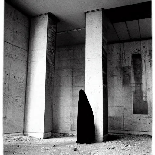 Image similar to black and white tri - x photograph of a hooded figure caught in the hallway of a rotting abandoned brutalism structure