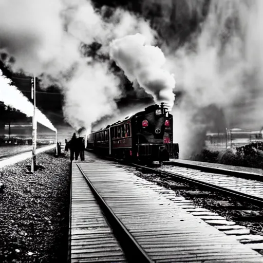 Image similar to train with steam locomotive leaving the station, dramatic cinematic angle and lighting, low key slow shutter