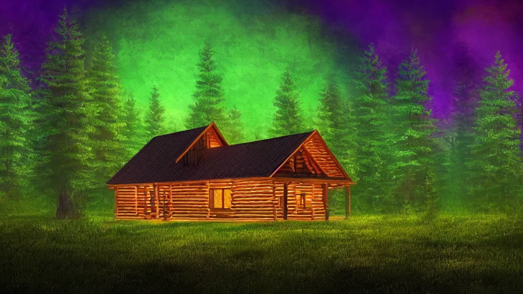 Image similar to portrait of an ethereal log cabin made of golden purple and green light, evergreen forest, divine, cyberspace, mysterious, dark high-contrast concept art