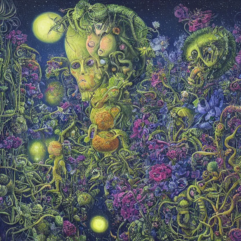 Image similar to painting of aliens in a garden at night by hannah yata and r. s. connett.