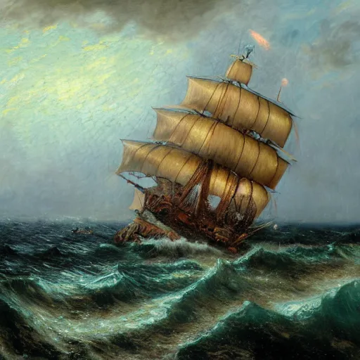 Image similar to realistic detailled matte painting of a gigantic golden metallic shining water snake with hundred tentacles coming out of the ocean, fighting a heavy burning pirate ship firing back with canons, in the middle of a heavy rain storm, impressionism, by andreas achenbach, anton otto fischer, andreas rocha, 8 k, dynamic lighting, vivid colors