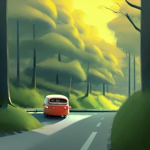 Prompt: goro fujita ilustration cars driving towards the forest, sharp colors, painting by goro fujita, sharp focus, highly detailed, artstation