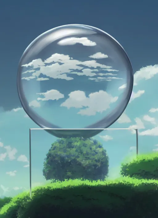 Image similar to an asymmetrical cell - shaded studio ghibli concept art study of a metal cube inside a transparent bubble in the sky. wide shot, very dull colors, hd, 4 k, hq