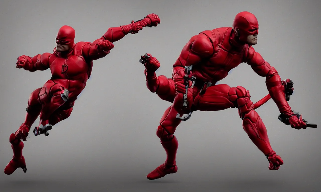 Prompt: an action figure of daredevil in a dynamic pose, full subject in frame, deep color, low key lighting, cinematic lighting, artstation trending, octane render, unreal engine