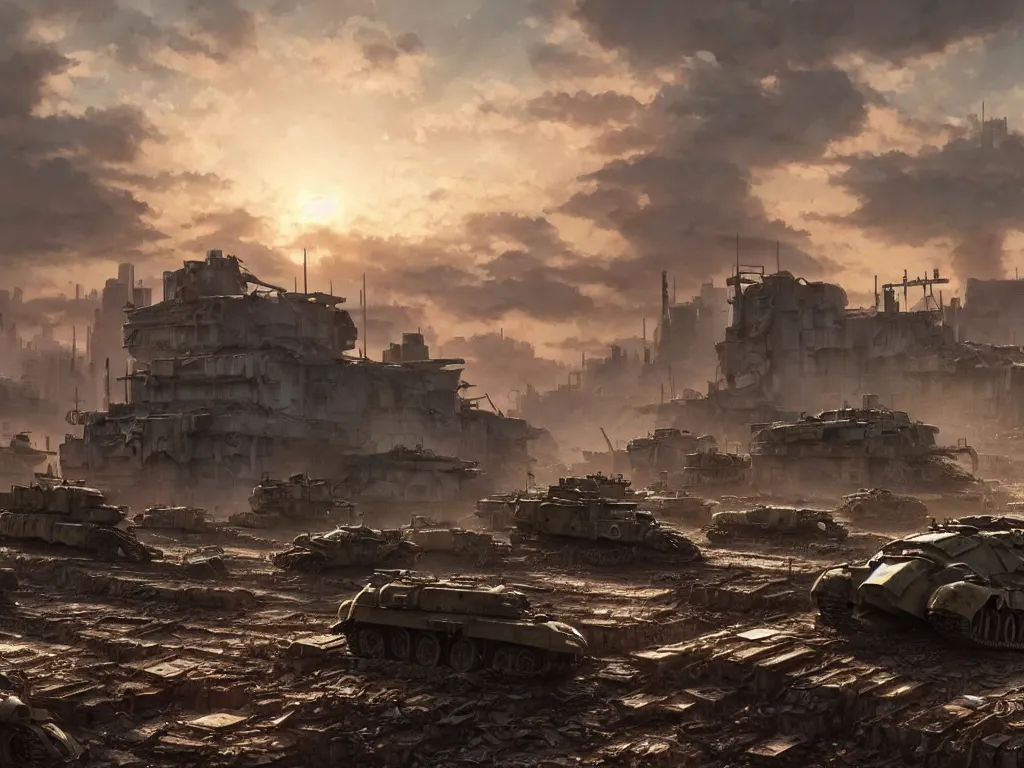 Prompt: a highly detailed matte painting of a post apocalyptic irradiated warzone with broken world war one tanks and discarded power armor, by studio ghibli, makoto shinkai, by artgerm, by wlop, by greg rutkowski, volumetric lighting, octane render, 4 k resolution, trending on artstation, masterpiece
