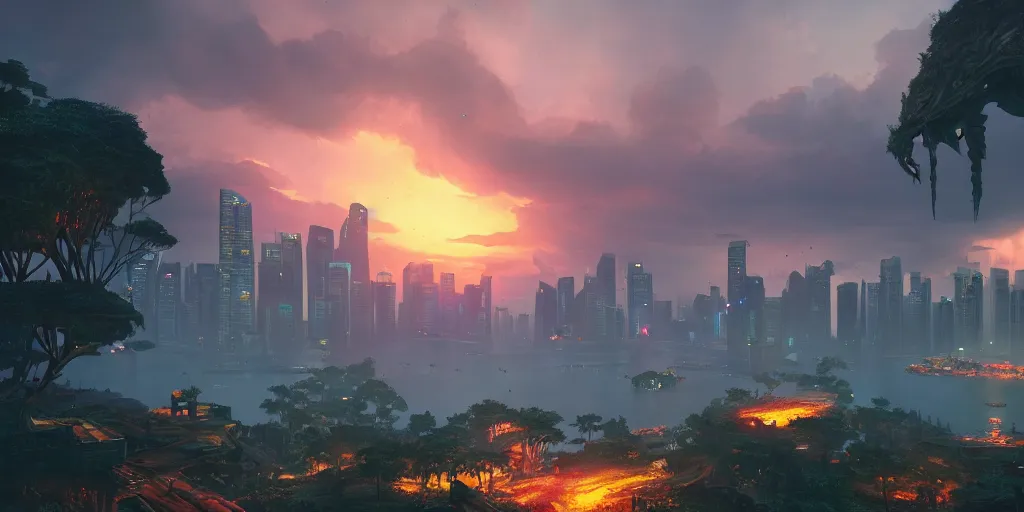 Image similar to establishing shot of a Singapore, an epic fantasy, dramatic lighting, cinematic, extremely high detail, photorealistic, cinematic lighting, matte painting, artstation, by simon stalenhag, Uncharted 4: A Thief's End