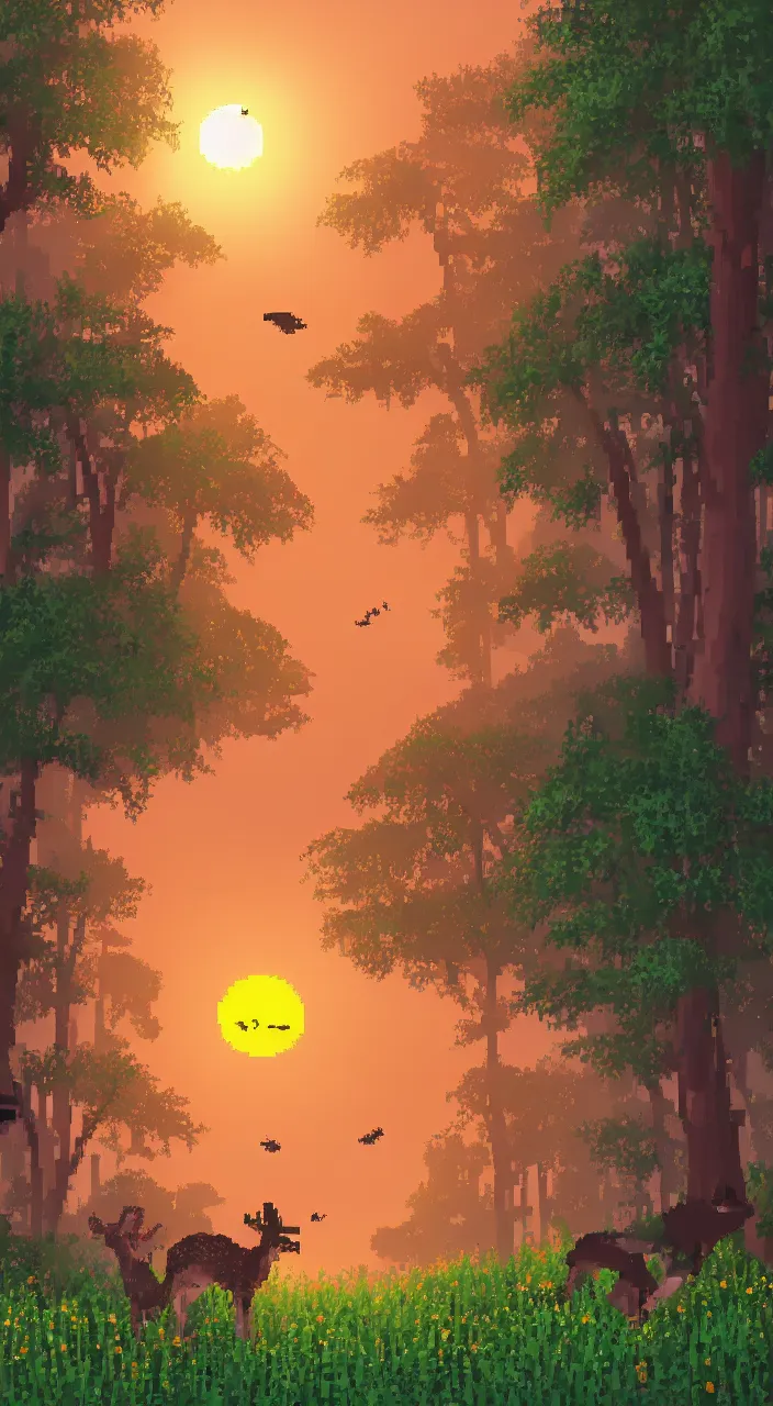 Prompt: a dreamy sunset in the forest with animals pixelart style, highly detailed, 8k