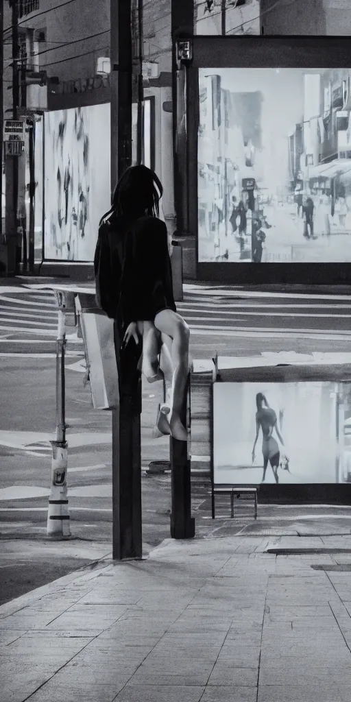 Prompt: a girl stands alone on a sidewalk, she is looking at a white billboard, hyper realism, rack focus, close establishing shot, empty street, neon lights illuminate her face, monochromatic, soft dramatic lighting, 4 k digital camera