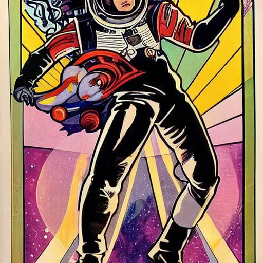 Image similar to a man resembling sebastian stan, floating in space. he is an astronaut, wearing a space suit. well composed, clean elegant painting, beautiful detailed face. comic book art by steve ditko and jack kirby and ( alphonse mucha )