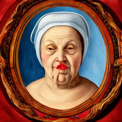 Prompt: a very funny stylize oil painting in renaissance style of a sweet fat old woman kissing her reflection. symmetry face, red mouth, blue eyes. flowery dress. hyper realistic scene. 3 d, octane render, deep focus, white scene. very funny and sweet image. unreal engine. watercolor. fellini style. poster quality. da vinci painting style.