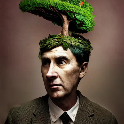 Image similar to a man in a green jacket with a tree on top of his head, a surrealist sculpture by kim keever, behance, pop surrealism, surrealist, dystopian art, whimsical