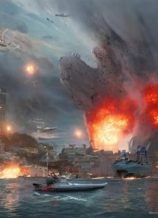 Prompt: hyper realistic squid robot attacking cape town city harbor explosions, atmospheric beautiful details, strong composition painted by kim jung giu weta studio rutkowski, james gurney and greg rutkowski, and lucasfilm