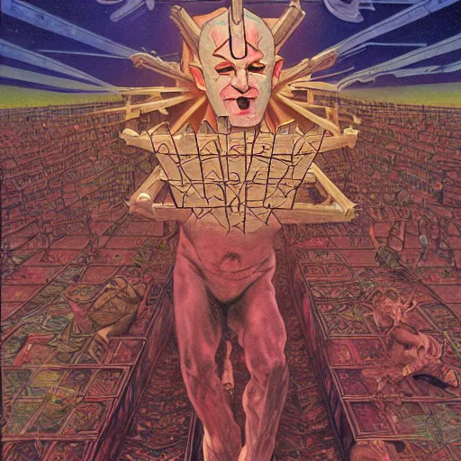 Image similar to a matte painting of hellraiser puzzle box floating above skinned man in hell by clive barker and alex grey and alphonse mucha