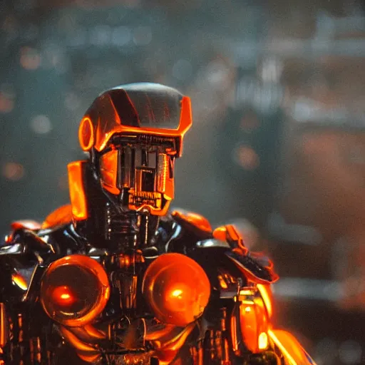 Prompt: closeup of mecha with surface of knives and forks, dark messy smoke - filled cluttered workshop, dark, dramatic lighting, orange tint, cinematic, highly detailed, sci - fi, futuristic, movie still from blade runner