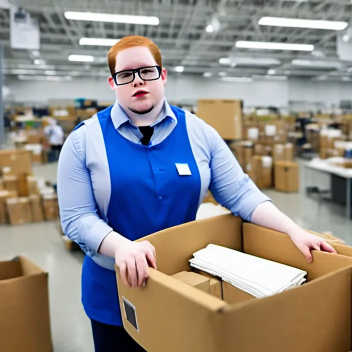 Prompt: photo of a pale white overweight amazon androgynous employee sorting packages, wearing a vest, wearing clear square glasses, nametag