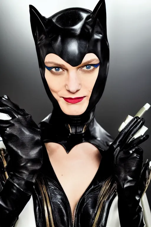 Prompt: A beautiful portrait of Daria Strokous smiling as Catwoman from Batman movie 2022, a Balmain fashion model Spring/Summer 2010, highly detailed, in the style of cinematic, Getty images, Milan fashion week backstage, Extreme close up, Makeup by Pat McGrath, Hair by Guido Palau, Greg rutkowski