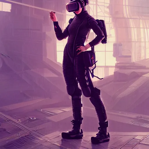 Image similar to full body long shot Korean female wearing Cuberpunk 2077 Techwear Jacket and VR goggles, intricate, elegant, highly detailed, digital painting, artstation, concept art, smooth, sharp focus, illustration, art by artgerm and greg rutkowski and alphonse mucha