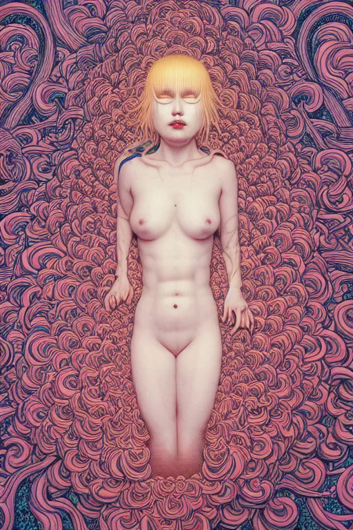 Image similar to realistic detailed image of women floating in a padded room, conjuring psychedelic background, part by takato yamamoto, part by alex gray, ross tran, james jean, ultra realistic, octane render, highly detailed, 8 k, trending on artstation, cosmic, symmetry, masterpiece