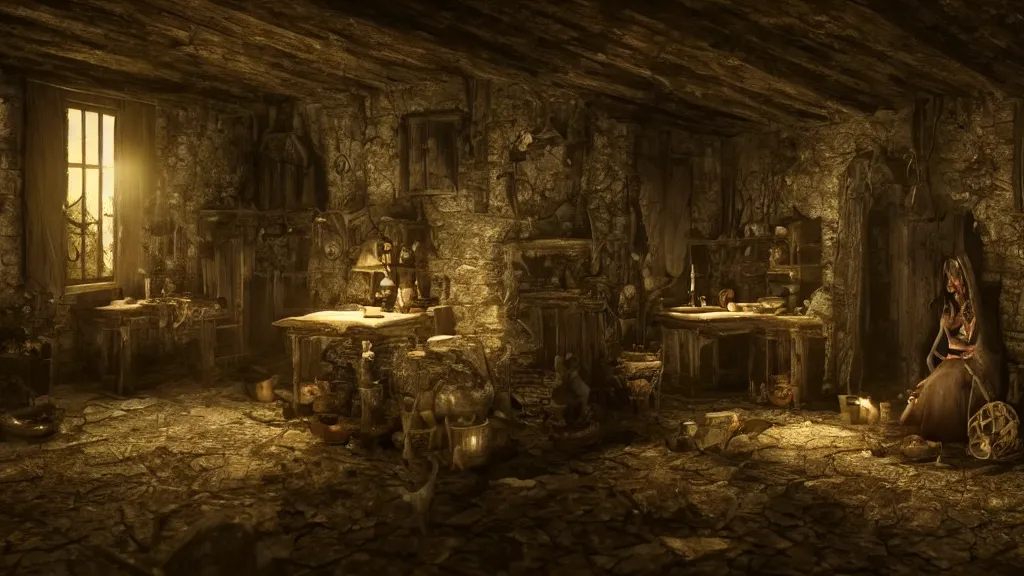 Image similar to A witch in the shadows of a dark decrepit medieval cottage at night, highly detailed interior, hyperrealistic, V-Ray render, 8k UHD