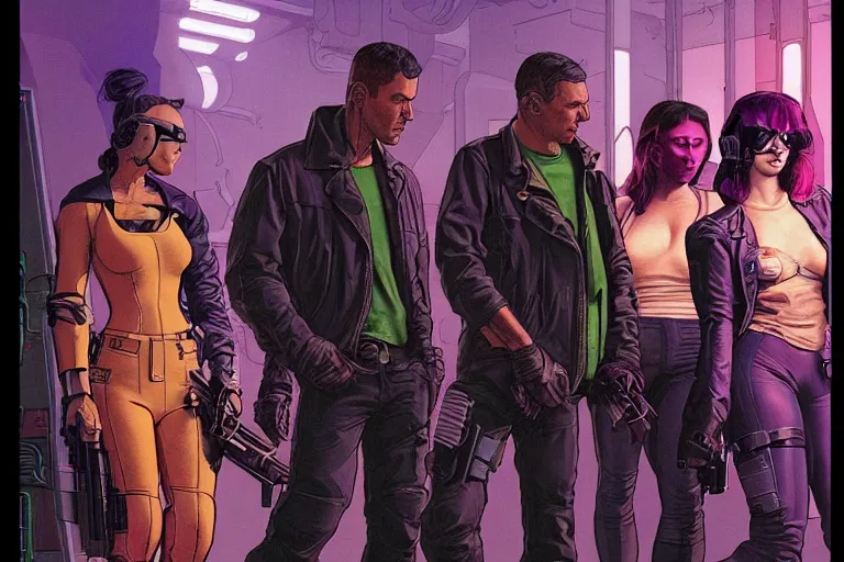 Prompt: cyberpunk heist crew entering club. portrait by stonehouse and mœbius and will eisner and gil elvgren and pixar. character design. realistic proportions. dystopian. cyberpunk 2 0 7 7 character art, blade runner 2 0 4 9 concept art. cel shading. attractive face. thick lines. the team. diverse characters.