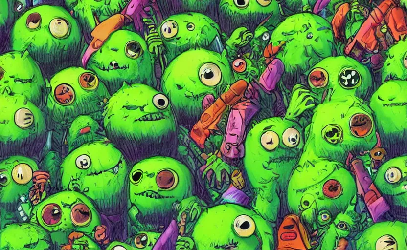 Image similar to an army of different cute green tennis ball monsters, colorful, digital art, fantasy, magic, chalk, trending on artstation, ultra detailed, detailed, fine details, professional illustration by basil gogos