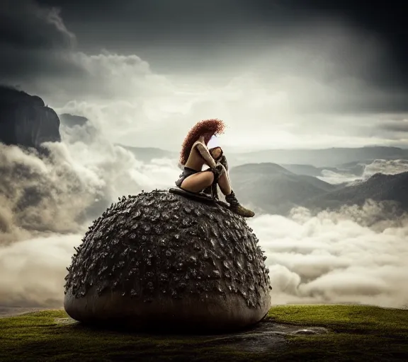 Prompt: a portrait photo of an armored female warrior sitting on the edge of a giant mushroom that covers a whole town and reaches above the clouds by luis royo. intricate. lifelike. soft light. sony a 7 r iv 5 5 mm. cinematic post - processing