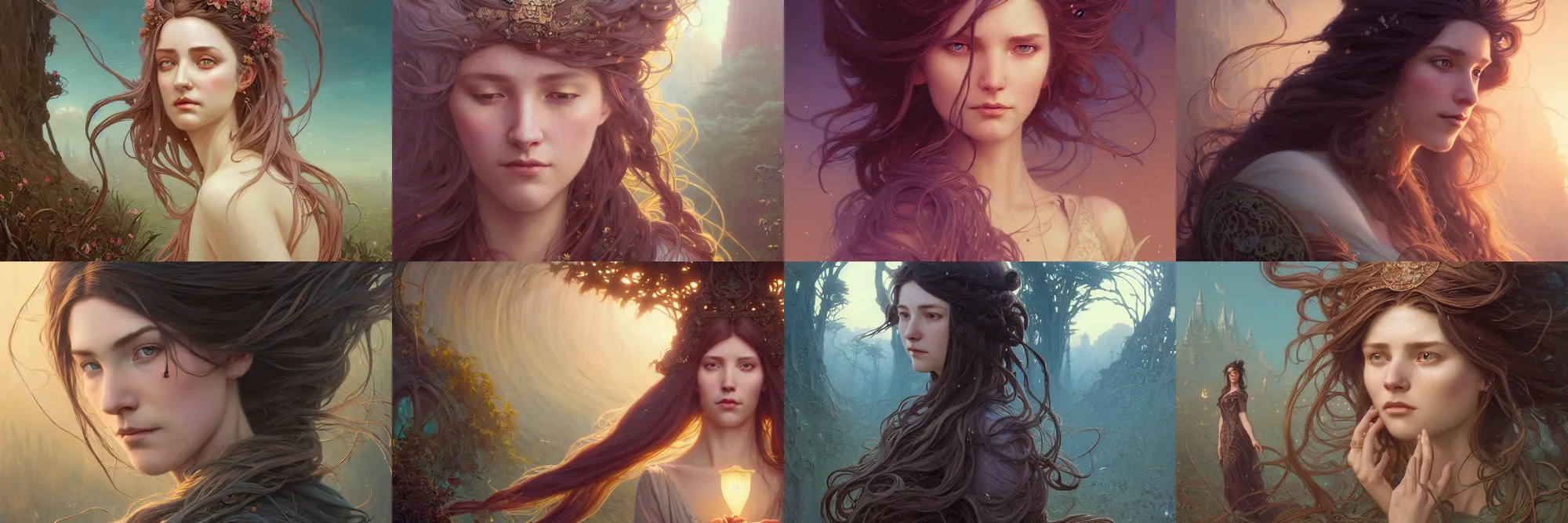 Image similar to highly detailed portrait of a woman with long hairs, stephen bliss, unreal engine, fantasy art by greg rutkowski, art nouveau, loish, rhads, ferdinand knab, makoto shinkai and lois van baarle, ilya kuvshinov, rossdraws, tom bagshaw, alphonse mucha, global illumination, radiant light, detailed and intricate environment