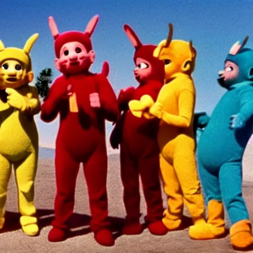 Prompt: happy sun teletubbies in a movie still from the godfather