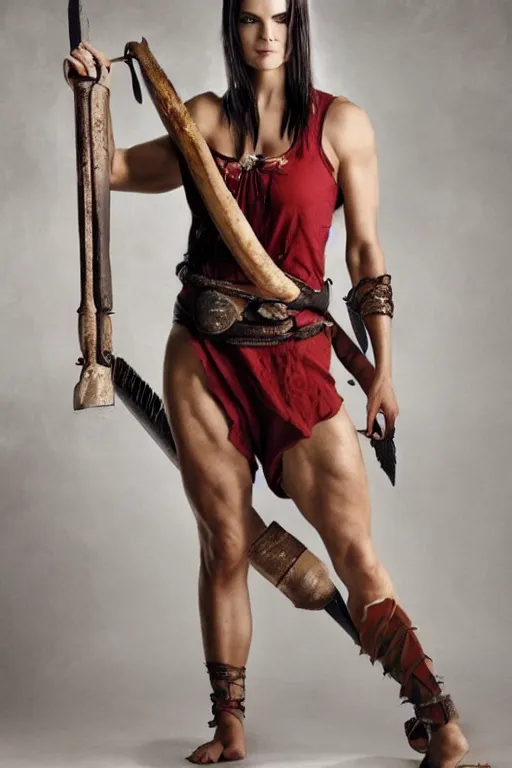 Prompt: fantasy character portrait annie leibovitz photo. warrior woman, 2 7, in her bedclothes. tight white tanktop shows strong feminine figure. loose comfortable red pajama pants. jaimie alexander. short hair, straight, ravenblack. faircomplected but tan. tall gracile, but thick ripped jacked vascular buff muscular arms and large ample female bust.