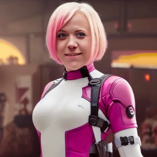 Prompt: A still of Gwenpool in Deadpool 3 (2023), beautiful face, blonde hair with pink highlights, no mask, white and light-pink outfit, smiling at the camera, comics accurate design, katanas strapped to her back
