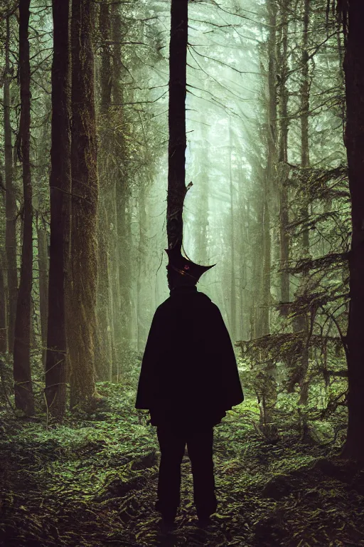 Prompt: kodak portra 4 0 0 photograph of a guy wearing a kings crown standing in a dark fantasy forest, back view, lens flare, moody lighting, moody vibe, telephoto, 9 0 s vibe, blurry background, grain, tranquil, calm, faded!,