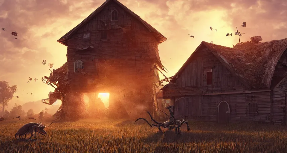 Image similar to giant insects crush a farm house, hyperdetailed, artstation, cgsociety, golden hour 8k