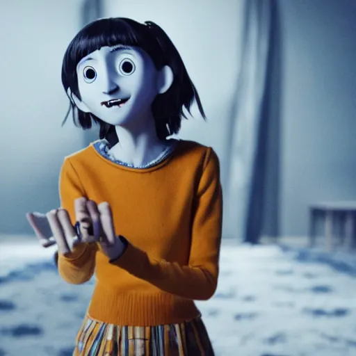 Image similar to natalia dyer starring as live action coraline, movie still, 8 k