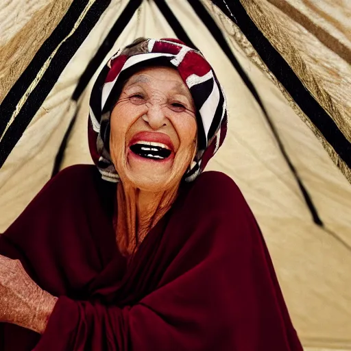 Prompt: dramatic film still of 80 year old Mediterranean skinned woman in ancient Canaanite clothing laughing, embarrassed, surprised, ancient interior tent background, Biblical epic directed by Alfred Hitchock