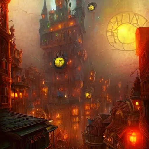 Image similar to a beautiful stunning fantasy whimsical matte digital illustration of a scene of a steampunk! hot - air balloon over a lit steampunk! city at night by marc simonetti, pastel color palette, disney magic the gathering steampunk!!!, chiaroscuro magical! bokeh moon stars dramatic romantic! epic breathtaking, clock tower,, trending on artstation hq, masterpiece