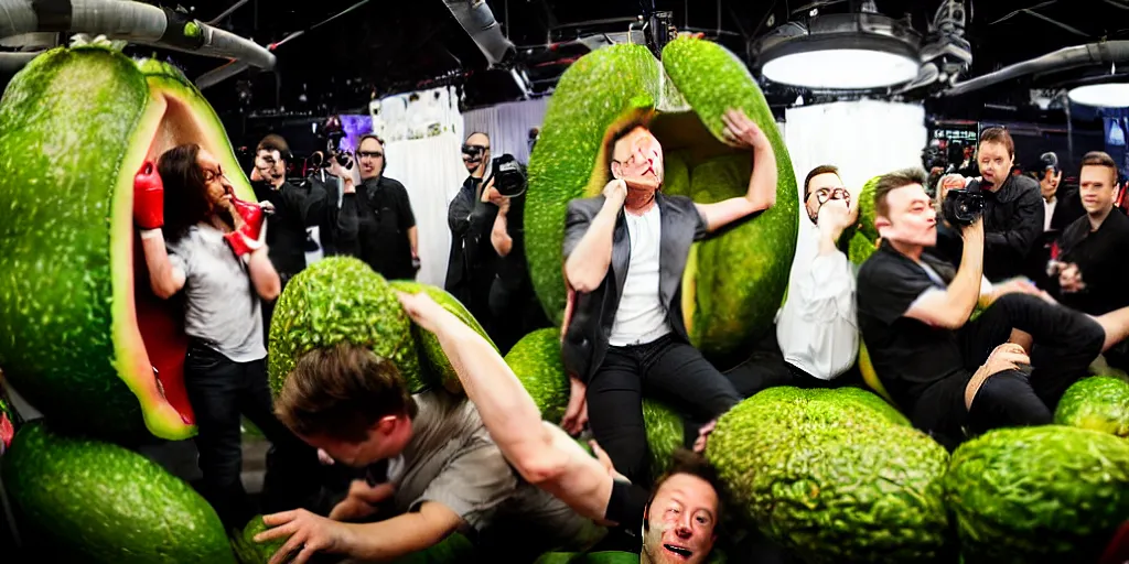 Image similar to elon musk inside of a giant avacado, realistic, cinematic photogtaphy, fruit celebrity, avacado dream, elon musk dresms of sitting inside of avacados, avacado chairs, avacado halloween costumes, in a boxing ring, photography, cinematic lighting, dramatic feeling