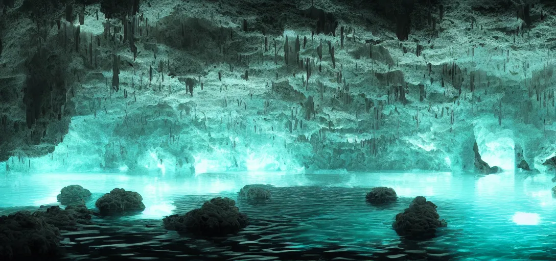 Prompt: beautiful view of an underwater cavern, glowing water with caustics, dark atmosphere, dappled light, reflections, bubbles, refraction, symmetry, cinematic lighting, ultra detailed, sharp, ambient occlusion, bloom, raytracing, by dylan cole, sebastian meyer and jordan grimmer