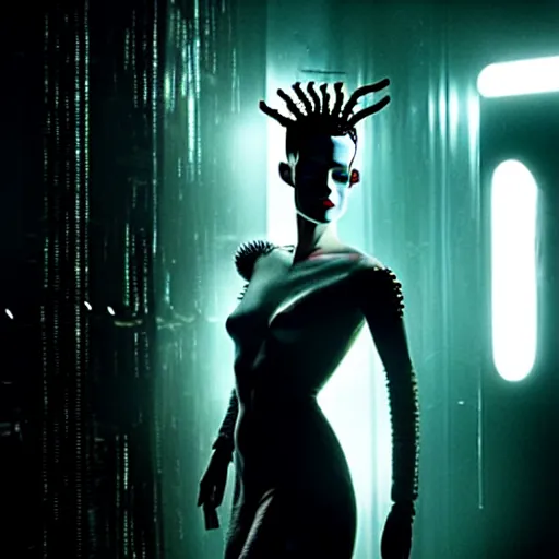 Prompt: cinematic portrait of kristen mcmenamy as bride of frankenstein as a replicant in a busy nightclub, frightened and angry, still from the movie ex machina, fashion photography, a neon sign is in the background