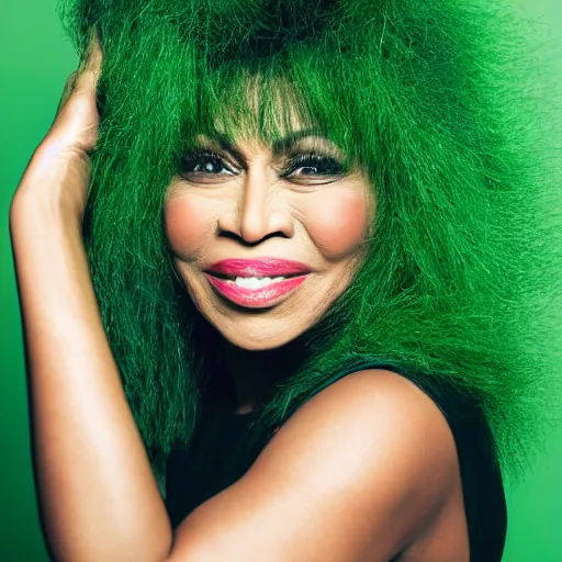 Image similar to tina turner portrait, green turnip hair, colored, dslr, photoshoot