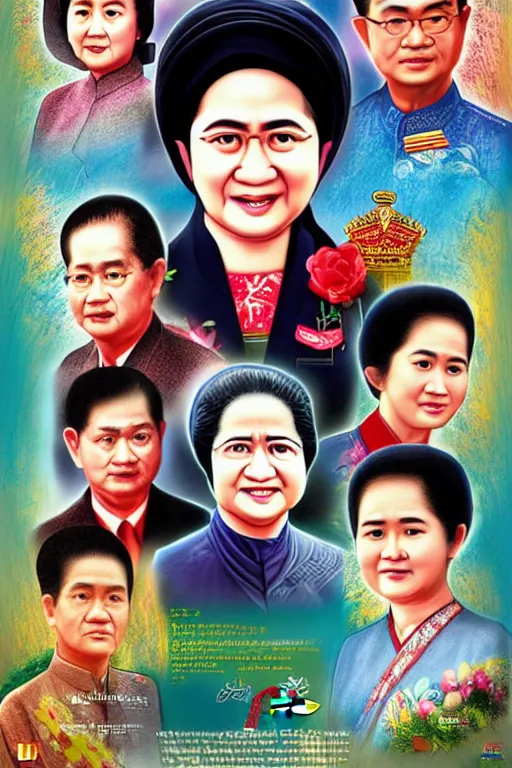 Image similar to poster of saint megawati soekarno putri, uhd, arstation, 1 0 8 0 p, ultra realistic detail, jacqueline e, tafy, bo feng, love hate love