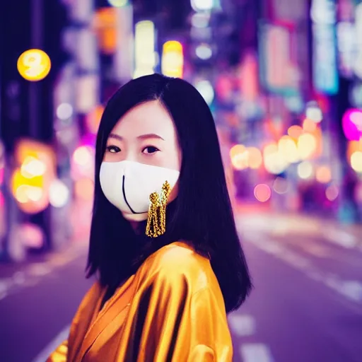 Image similar to japanese female balaclava face mask with golden necklace and kimono, photo portrait, beautiful female model, tokyo, city neon light, bokeh, long exposure, kodak promax 4 0 0, sony lens