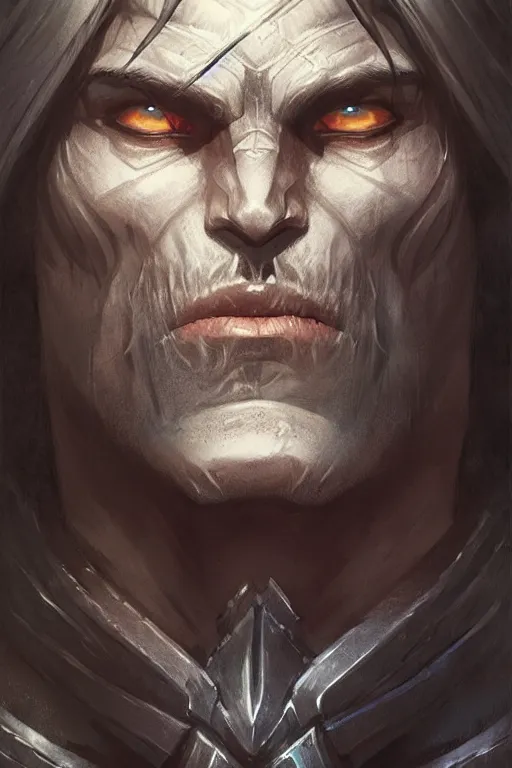 Image similar to head and shoulders portrait of an eldrich knight, drow, dark elf, shadar kai, male, high fantasy, d & d, by greg rutkowski, face details, extremely detailed, digital illustration