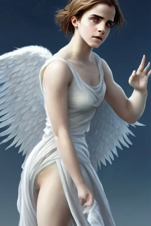 Image similar to emma watson as a heavenly angel, anatomy, only two hands, highly detailed, digital painting, artstation, concept art, smooth, sharp focus, illustration, unreal engine 5, 8 k, art by art by artgerm and greg rutkowski and edgar maxence