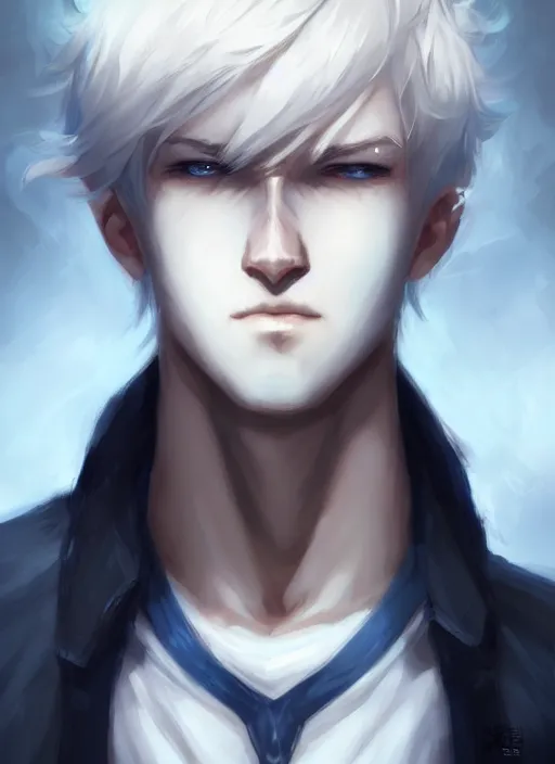 Image similar to highly detailed portrait art of half bone face black and blue eye boy white hair, ross tran, krenz cushart, white shirt, vd, intricate, digital anime art, sharp focus